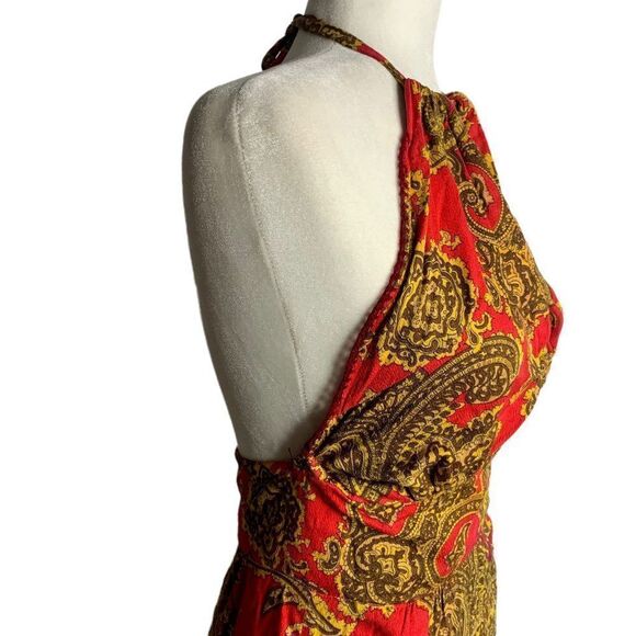 Vintage Handmade 70s Halter Dress S Red Paisley Maxi Sweetheart Tie Neck Zip - Picture 3 of 8